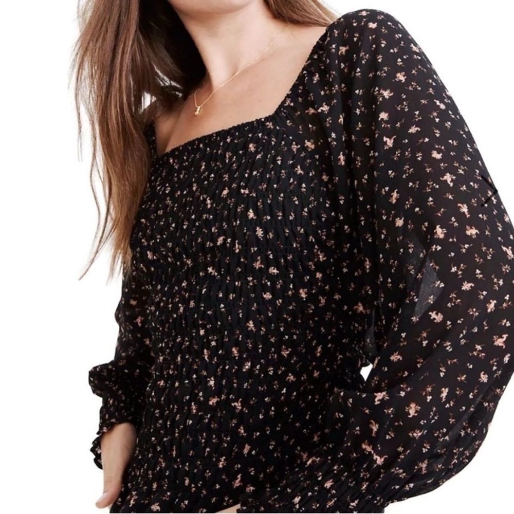 Madewell Black Smocked Floral Long Sleeve Blouse